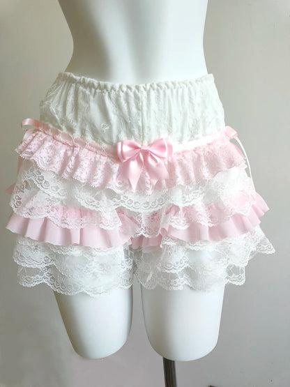 Cute Shorts Women Summer Bow Decoration Pink Lace Patchwork Elastic Waist Lolita Multilayer Bottoming Shorts for Sweet Girls