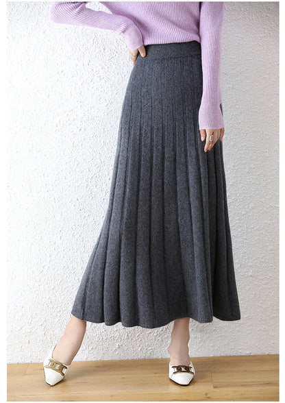 High-end 2022 Autumn/Winter New 100% Pure Wool Women's Thick Warm Elegant Pleated Skirt Fashion A Line Knitted Skirt 4 Colors