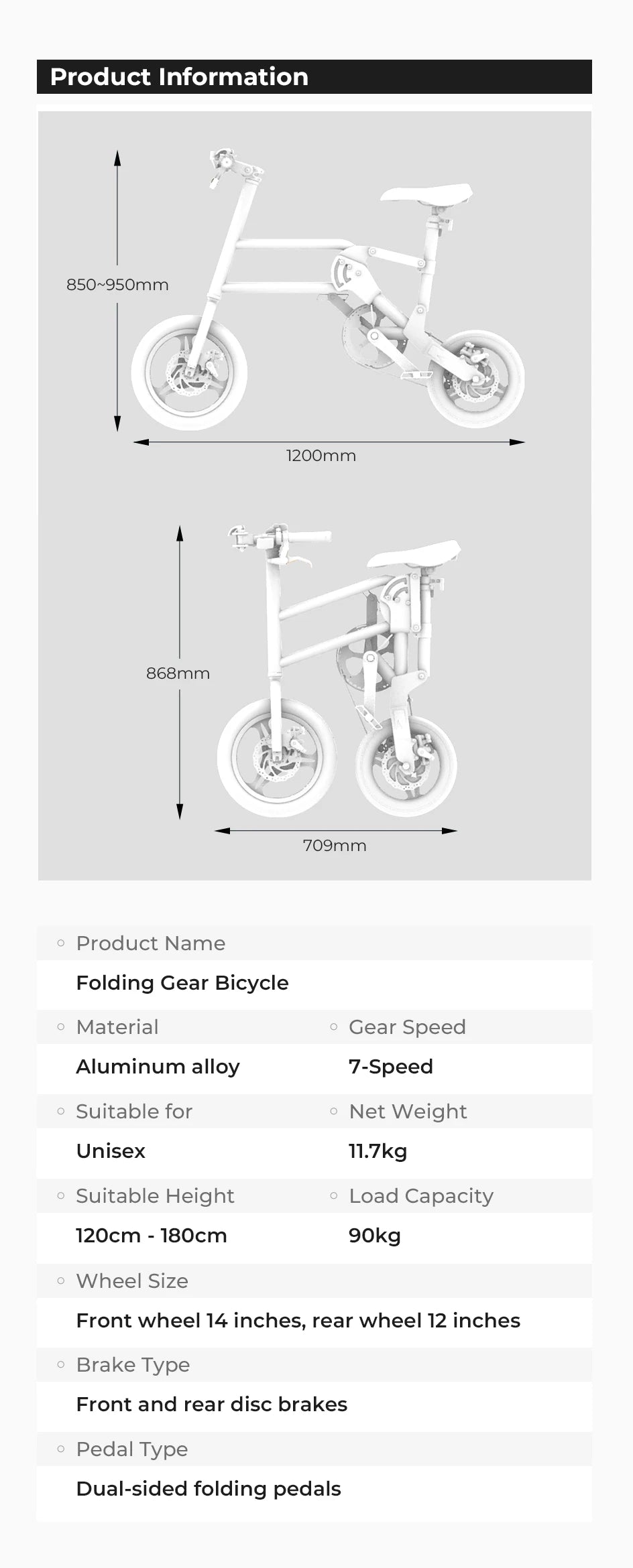 12Inch Folding Bicycle 7 Speed Disc Brake Ultralight Portable Adult Men's Bike to Work Foldable Bicycle with Shock Handlebar