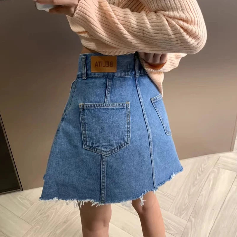 Chic High Waist A-Line  Skirt Women's Jeans ort Skirt Spring Vintage Slimming Splicing Hemming Girl's Faion Commute