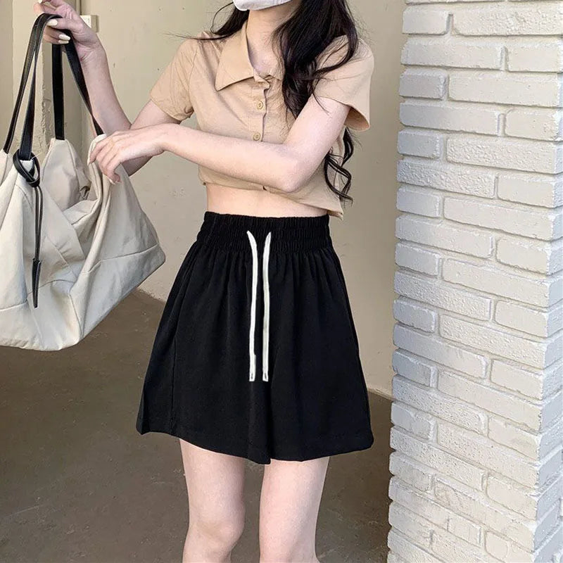 Xpqbb Summer Black Shorts for Women Casual Loose Elastic Waist Sports Shorts Woman Korean Street Drawstring Wide Leg Short Pants