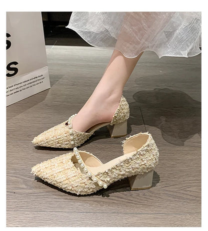 Woman Sexy High Heels New Elegant Wedding Dress Shoes Ladies Shallow Office Party Shoes Tweed Style Side Hollow Single Shoes