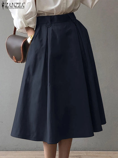 Women Elegant Office Work Skirts ZANZEA Autumn Summer High Waist Faldas Saia Jupe Casual Solid Midi Skirt Fashion Party Sundress