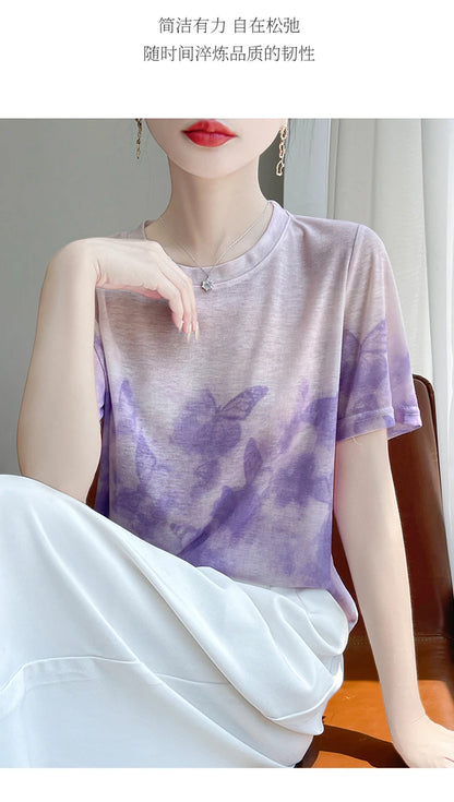 Spring And Summer New Lyocell Short Sleeve Sweater Loose Thin Half Sleeve T-shirt Printed Top