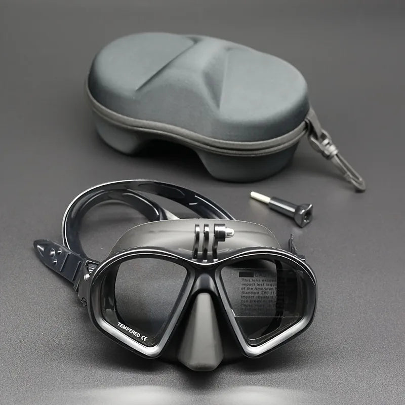 Professional Wet Low Volume Freediving Mask, Tempered Glass dive Mask, J-Type Diving Mask, Snorkel Set, With Go-Pro Camera Mount