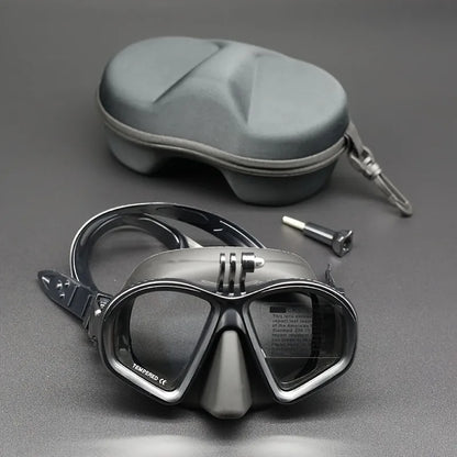 Professional Wet Low Volume Freediving Mask, Tempered Glass dive Mask, J-Type Diving Mask, Snorkel Set, With Go-Pro Camera Mount