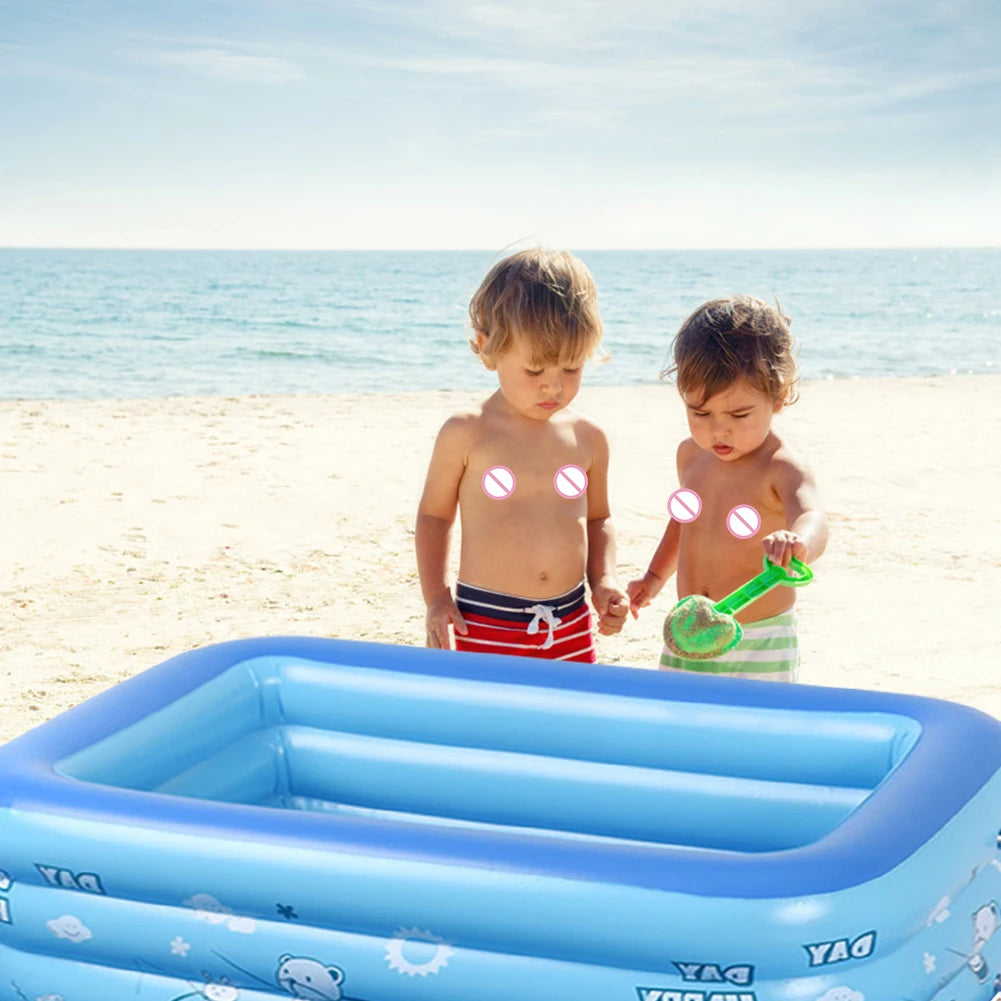 Inflatable Blow Up Swimming Pool Indoor Outdoor Rectangle Kid Bathing Tub Toddler Water Game Play Center 3 Rings Cartoon Printed
