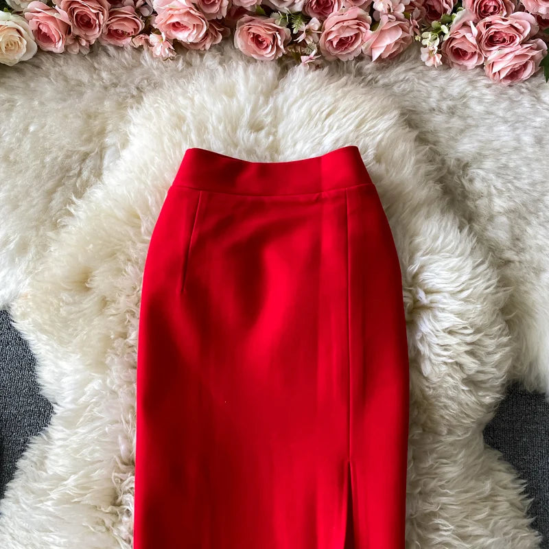 Faion High Waist  Color Midi Skirt Slimming Elastic Slit One Step OL Busin Bodycon Skirt Young Women Commute Sle