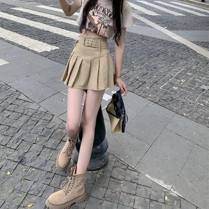Lucyever Korean High Waist Pleated Skirts Women Summer Khaki Black with Belt A-Line Skirt Woman All-Match Streetwear Mini Skirt