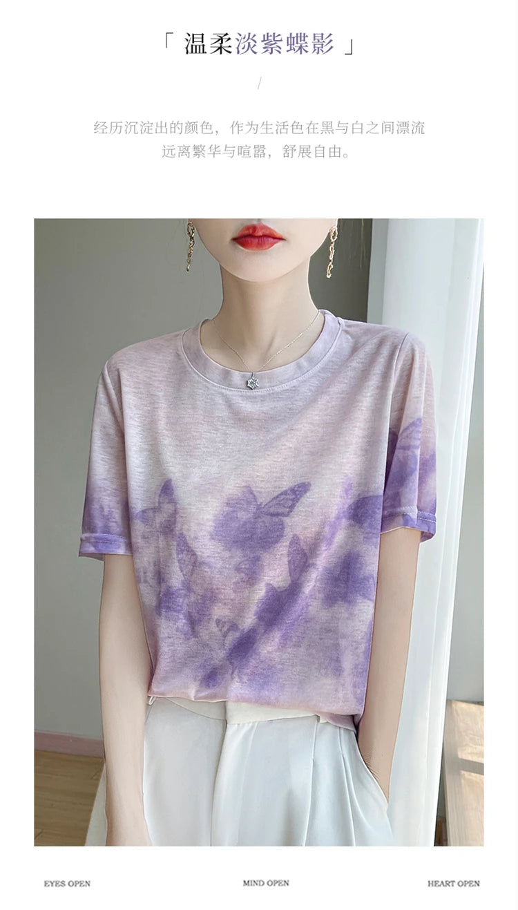 Spring And Summer New Lyocell Short Sleeve Sweater Loose Thin Half Sleeve T-shirt Printed Top