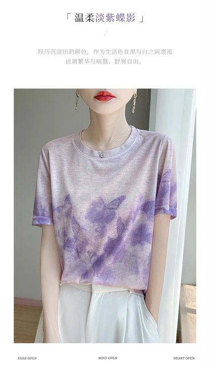 Spring And Summer New Lyocell Short Sleeve Sweater Loose Thin Half Sleeve T-shirt Printed Top