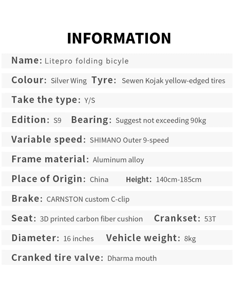Litepro S9 Aluminum Alloy Frame 16 Inch 9 Speed Tri-fold Bicycle S /Y BAR Light Weight Foldable Bicycle Mini Folding Bike