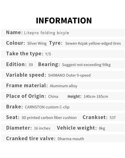 Litepro S9 Aluminum Alloy Frame 16 Inch 9 Speed Tri-fold Bicycle S /Y BAR Light Weight Foldable Bicycle Mini Folding Bike