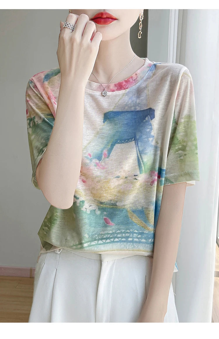 Spring And Summer New Lyocell Short Sleeve Sweater Loose Thin Half Sleeve T-shirt Printed Top
