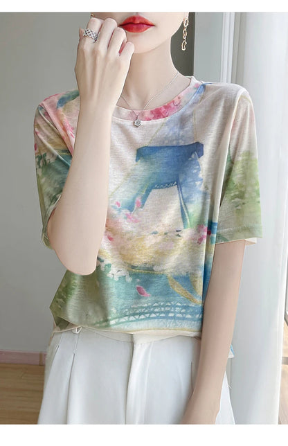 Spring And Summer New Lyocell Short Sleeve Sweater Loose Thin Half Sleeve T-shirt Printed Top