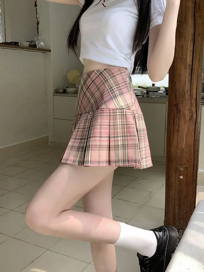 Women's High Waist Slim College Style A-shaped Anti-exposure Plaid Pleated Jk Skirt