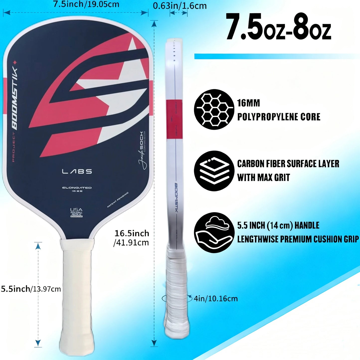 LABS Project Boomstk Elongated Pickleball Paddle 16mm Boom Core Racket Pure Foam Paddle
