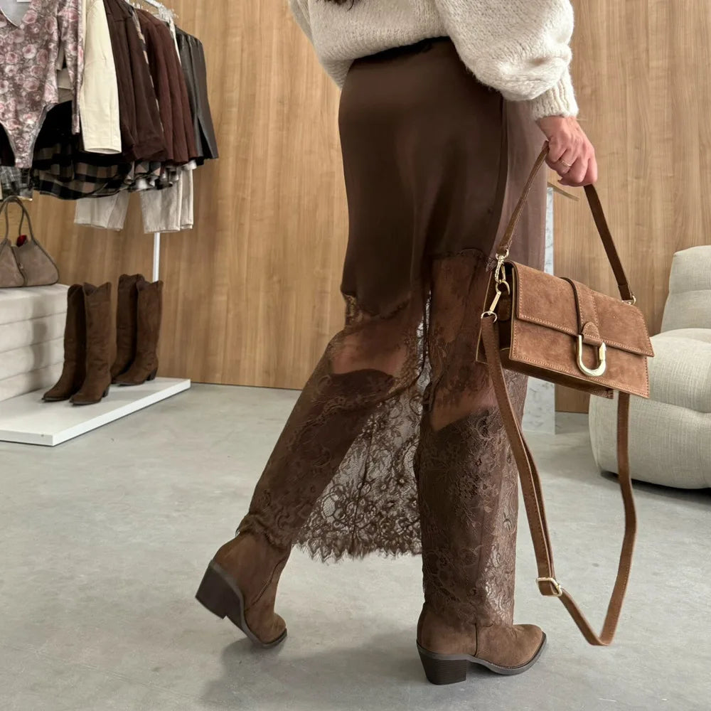 2025 High Waist Lace Skirts Fashion Women Slim Hollow Out Autumn Patchwork Boho Maxi Skirt Casual Office Lady Commute Clothes