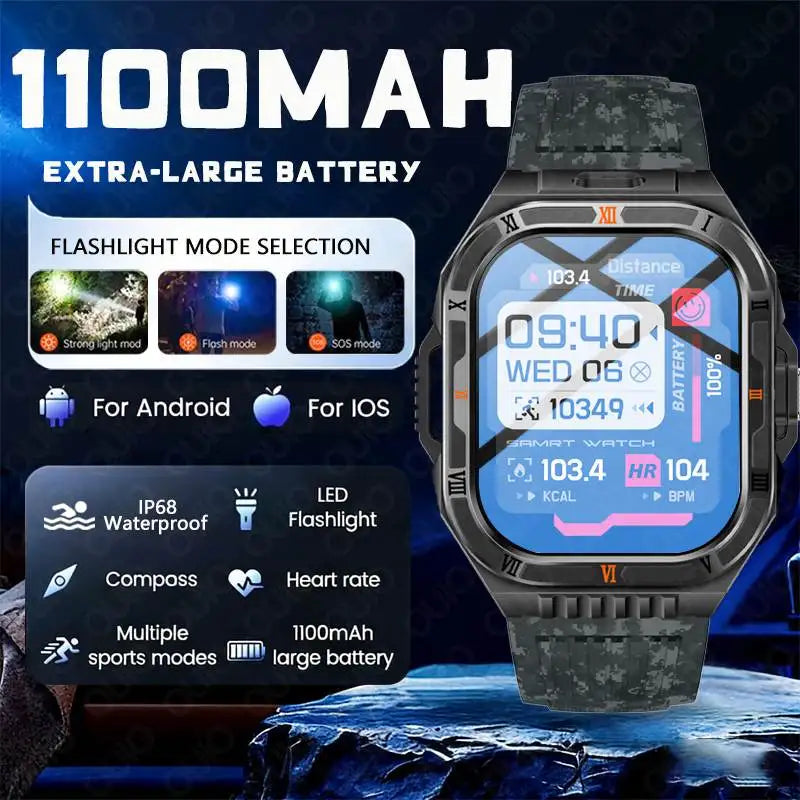 New 1100mAh Big Battery Smart Watch Men Outdoor Compass Bluetooth Call IP68 Waterproof Sports 2.01 Inch Flashlight Smart Watch