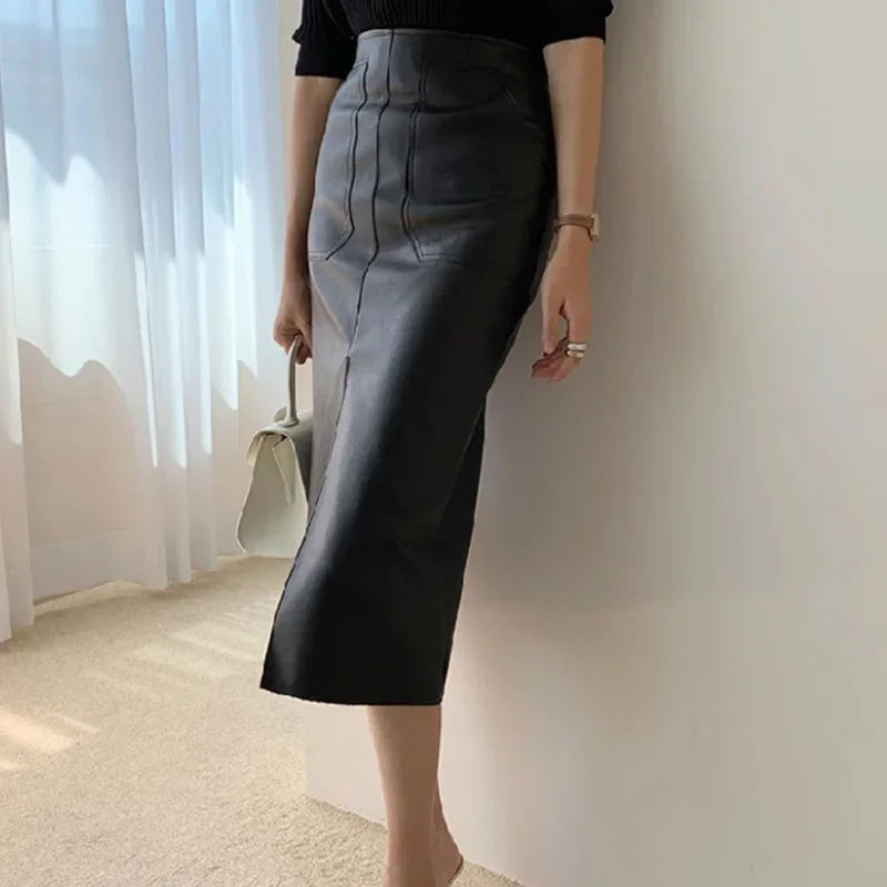 CM.YAYA Women High Waist PU Leather Vintage Straight Split Skirt 2025 Winter Street Pockets Basic Club Party Long Midi Skirts