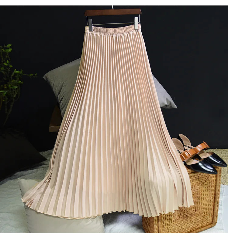 Womens Chic Pleated Swing Long Skirt with Liner Korean Fashion Kawaii Elastic High Waist OL Chiffon Shirring Mermaid Skirts K77