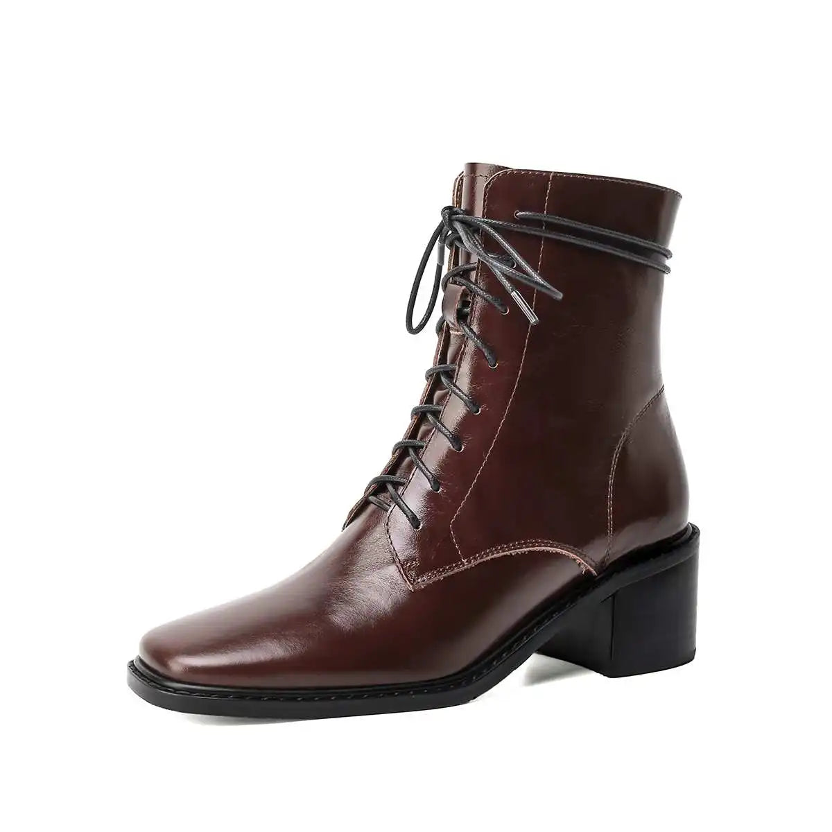 Krazing Pot 2025 Hot Sale Genuine Leather Square Toe Chelsea Boots High Heels Winter Season Lace Up Superstar Ins Ankle Boots
