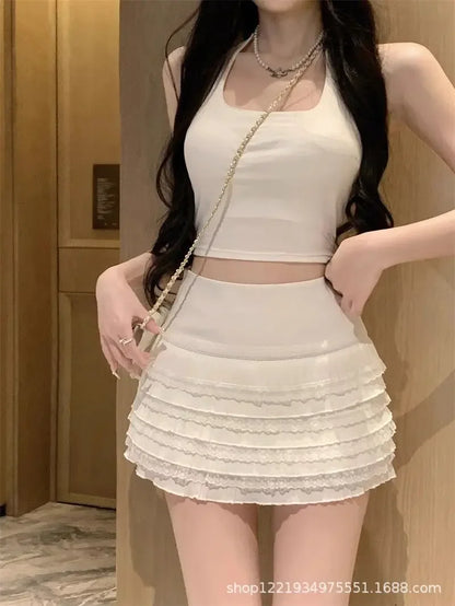 Sweet And Spicy Korean Style High Waist Pleated Mini Skirt Women's Summer New Fashion Lace Wrap around Short Skirt