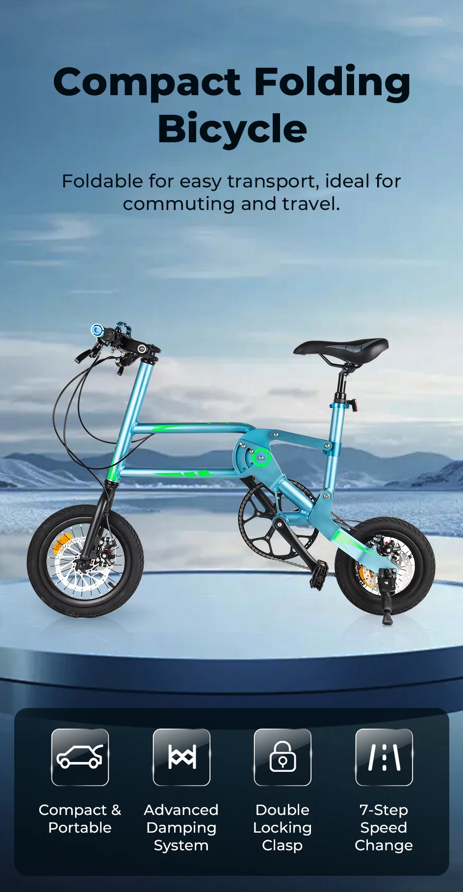 12Inch Folding Bicycle 7 Speed Disc Brake Ultralight Portable Adult Men's Bike to Work Foldable Bicycle with Shock Handlebar