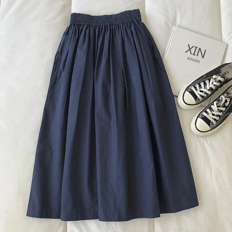 2025 New Casual Elegant High Waist A Line Skirts Women Solid Color Long Skirt Fashion Pockets Pleated Knee Length Skirts Autumn