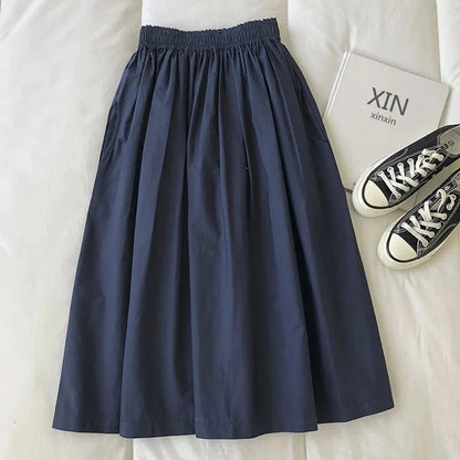 2025 New Casual Elegant High Waist A Line Skirts Women Solid Color Long Skirt Fashion Pockets Pleated Knee Length Skirts Autumn