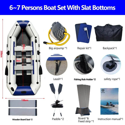 1.75-3.3m PVC Inflatable Kayak Fishing Boat with Slats Bottom for 1~6 Persons Canoeing Outdoor Water Sports Vacation Accessory