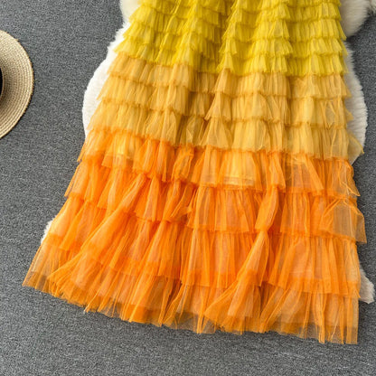 Voille Skirts Women Gradient Y2k High Waist Elastic Jupe Ladies Tulle Mujer Faldas Ruffles Long Female Mesh Skirt Dropshipping