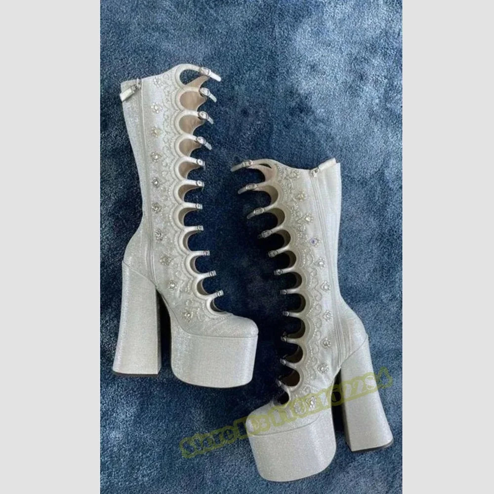 Crystal Bling Knee High Sandals Boots Thick Sole Platform Chunky High Heels Solid Buckles Straps Sandals Women Sexy Shoes Summer