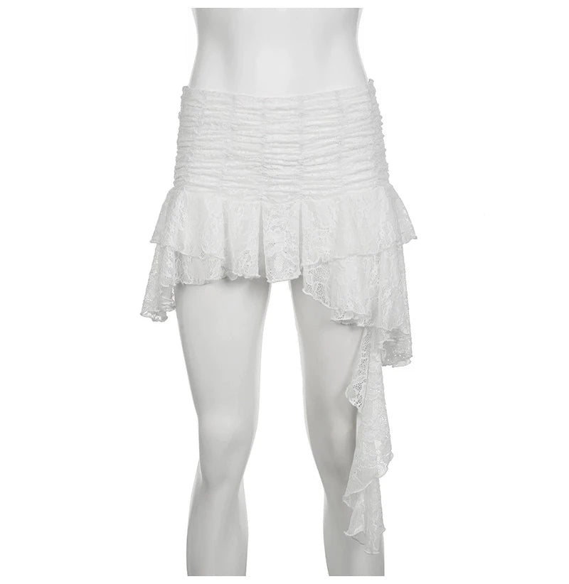 White Lace Halter Stage Performance Skirt Asymmetrical Midi Skirt Smart Dance Costume Korean Style Commute Polyester Fabric