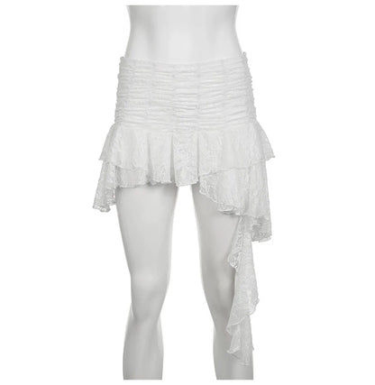 White Lace Halter Stage Performance Skirt Asymmetrical Midi Skirt Smart Dance Costume Korean Style Commute Polyester Fabric