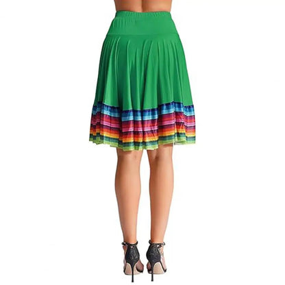 Midi Skirt Ladies Folk Dance Skirt Elastic High Waist Spanish Swing Skirt Rainbow Large Swing Hem Mexican Flamenco Dance Skirts