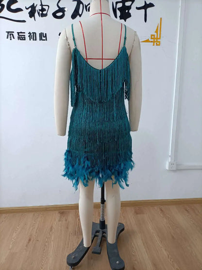 Summer Fashion Elegant Tassel Sequin Dress Women's Sexy Slim Sleeveless V-neck High Waist Suspender Feather Stitching Dresses