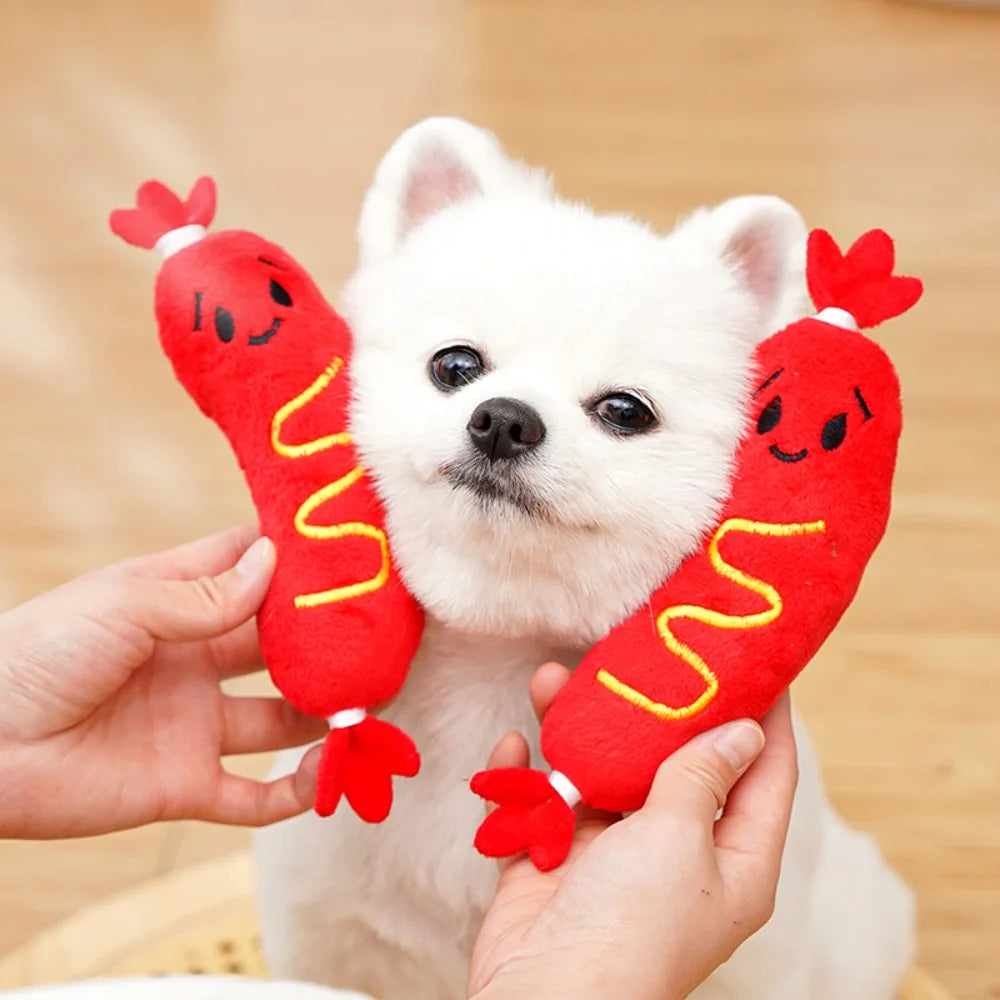 Dog Sound Plush Toy Hot Dog Chewing Toy Pet Grinding Teeth Squeaky Plush Toy Puppy Bite-resistant Interactive Chew Toy ﻿
