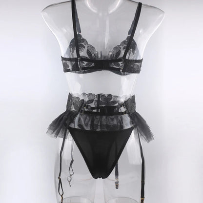 Lingerie Set Women Sexy Underwear Push Up Strappy Embroidered Mesh Sheer Lingerie Set See Through Panty Bra 3 Piece Langerie