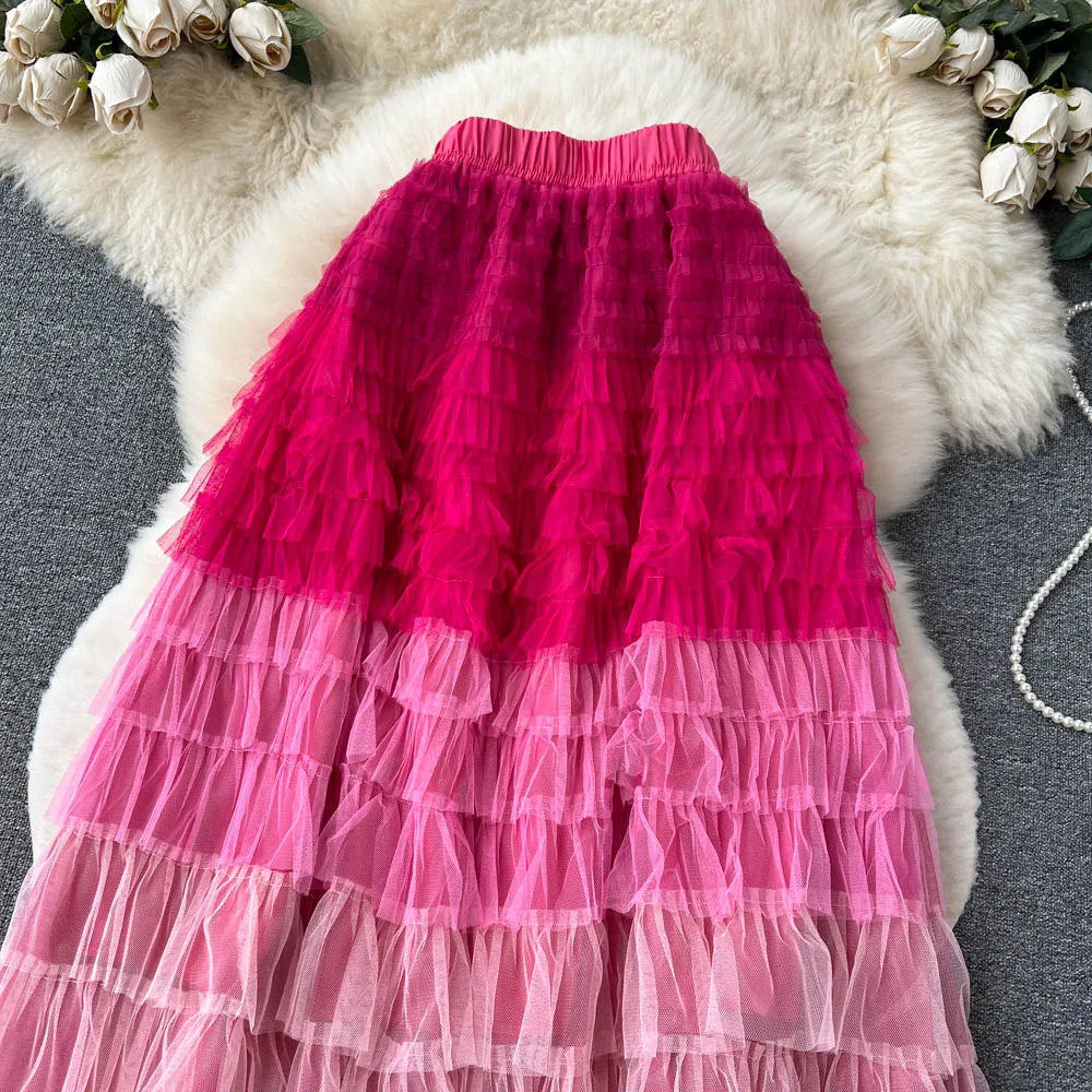 Voille Skirts Women Gradient Y2k High Waist Elastic Jupe Ladies Tulle Mujer Faldas Ruffles Long Female Mesh Skirt Dropshipping