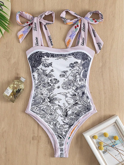 Y2K Fashion Women Floral One Piece Swimsuits Reversible Tie Shoulder Monokini Tummy Control Bathing Suits Square Neck Swimwear