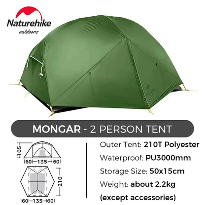 Naturehike Mongar 2 Person Tent Ultralight Camping Tent Outdoor Travel Tent Double Layer Waterproof Tent 3 Season Portable Tent