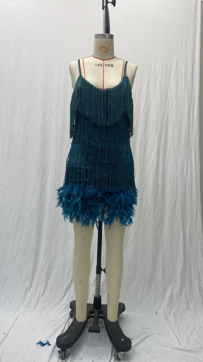 Summer Fashion Elegant Tassel Sequin Dress Women's Sexy Slim Sleeveless V-neck High Waist Suspender Feather Stitching Dresses