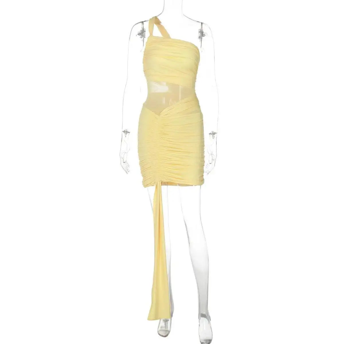 Avrilyaan Mesh Patchwork Backless Sexy Dress Women 2025 Nightclub Party Dress One-Shoulder Ruched Bodycon Mini Summer Dress