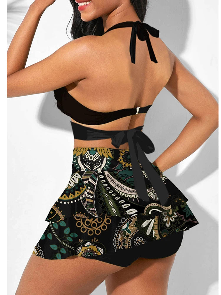 2025 Women Summer Swimsuit Push Up 2 Piece Bikini Set Female High Waist Sports Swimwear With Cover Up Skirt Bathing Suit S-3XL