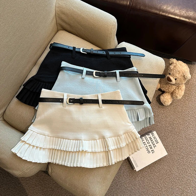 Summer Clothes Tweed Pleated Skirt Women Black Mini Skirts For Woman Preppy Low Waist Pleated Layered Casual Short Skirts Blue