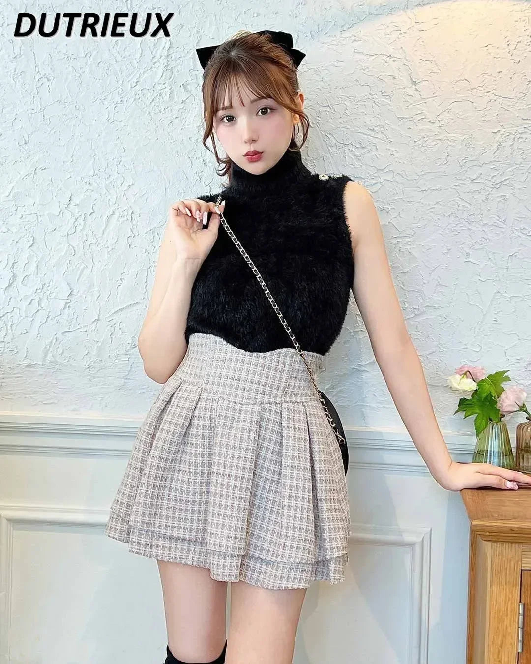 Japanese Lolita Skirts Ruffled Pleated Plaid Skirt Women 2025 Spring New Elastic High Waist Slimming Gentle Mini Skirt Culottes
