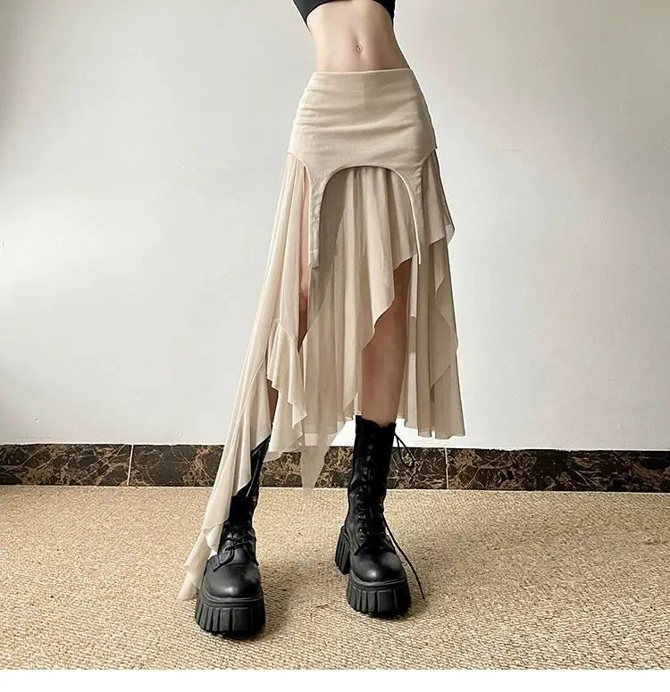 Deeptown Vintage Sexy Slit Skirt Women Y2k Elegant Irregular Sweet Ruffle Skirts Korean Style Tulle Streetwear Layered Skirts