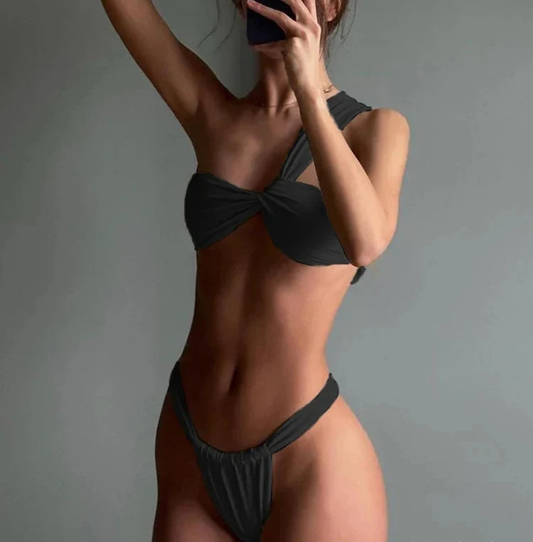 Yitimuceng Sexy One Shoulder Thong Bikinis Women Split Swimsuit Beach Bikini 2026 All Season Solid Backless Bikinis 2 Piece Set