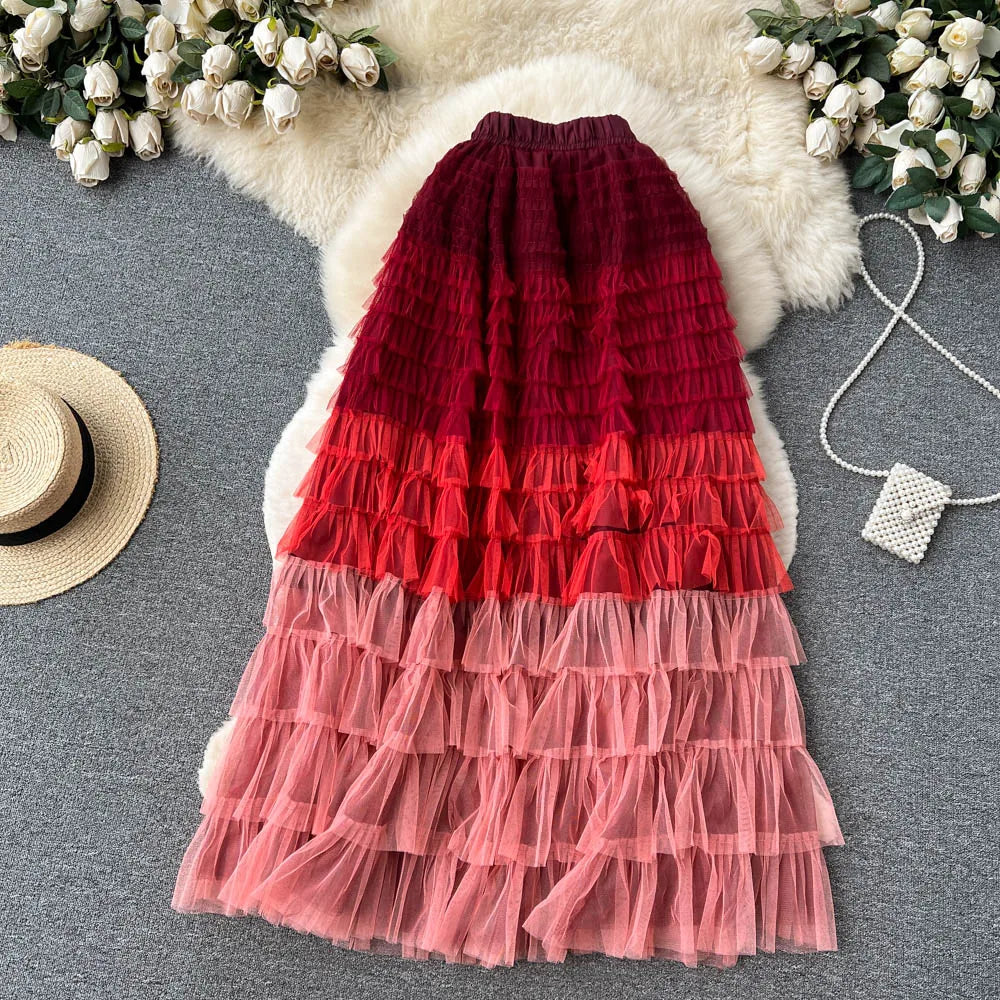 Voille Skirts Women Gradient Y2k High Waist Elastic Jupe Ladies Tulle Mujer Faldas Ruffles Long Female Mesh Skirt Dropshipping